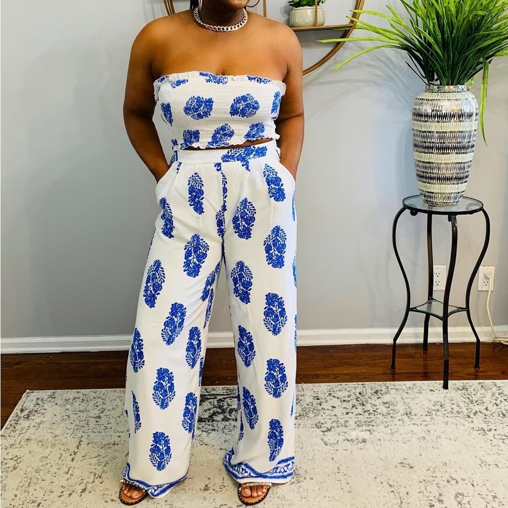 White & Blue Floral Strapless Wide-Leg Jumpsuit